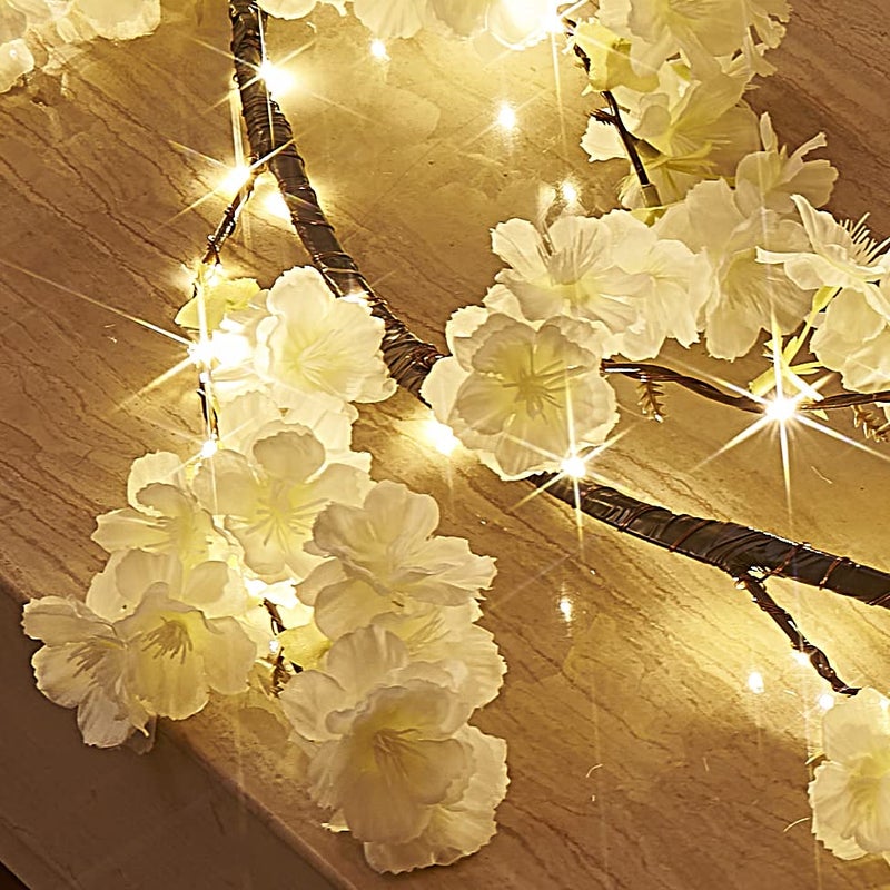 litbloom زهر الكرز جارلاند مع أضواء البطارية تعمل مع الموقت 96 أضواء الجنية 6ft مضاءة زهرة بيضاء إكليل لمدفأة عباءة حفل زفاف الربيع الديكور داخلي في الهواء الطلق - Image 2